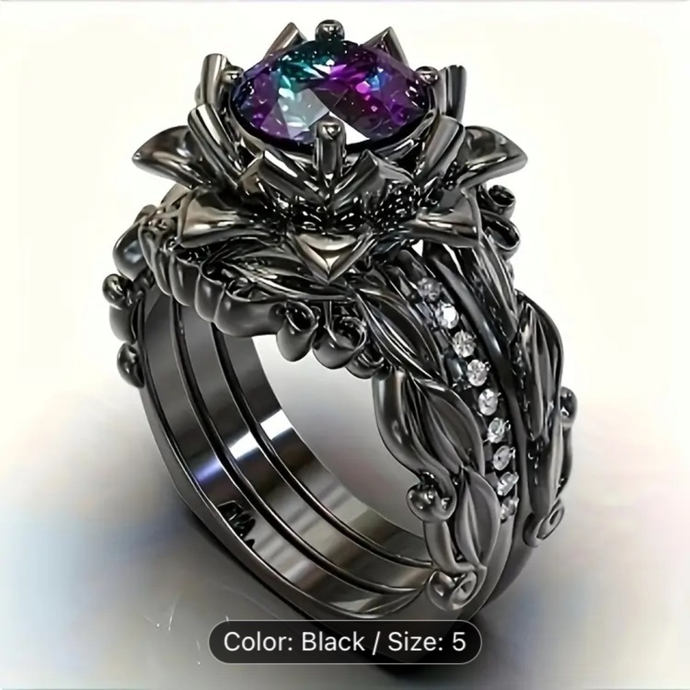 3 pc black leaf flower ring size 5